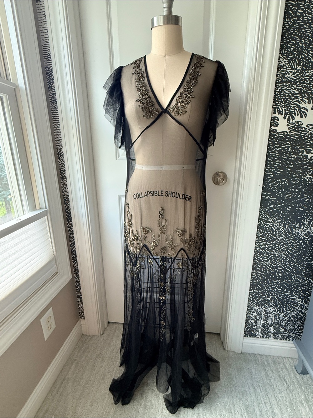 Free People Annabelle Sheer Black Mesh Maxi Dress with Gold Embroidery NEW - Picture 6 of 13